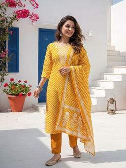 FASHOR - Yellow Printed Leheriya Kurta with Pant and Dupatta