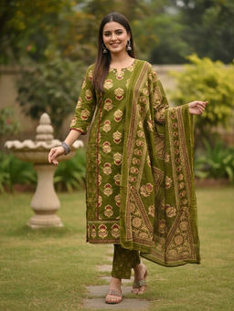 FASHOR - Olive Floral Printed Kurta with Pant and Dupatta