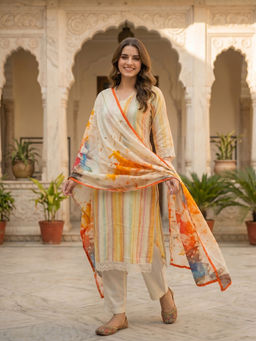 FASHOR - Multi-Color Stripes Printed Kurta with Pant and Dupatta
