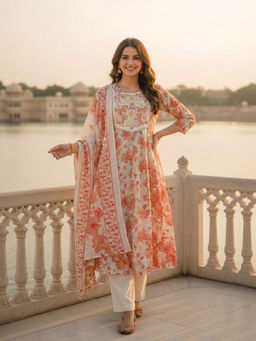 FASHOR - Orange Floral Embroidered Anarkali Kurta with Pant and Dupatta