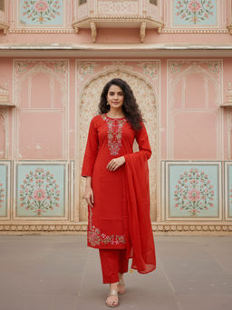 FASHOR - Red Floral Embroidered Kurta with Pant and Dupatta
