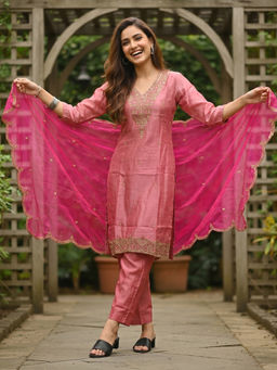 FASHOR - Pink Embroidered Beads and Stones Kurta with Pant and Dupatta