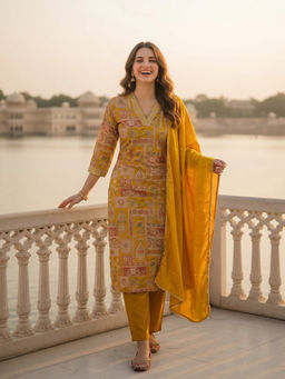 FASHOR - Yellow Floral Printed Kurta with Pant and Dupatta