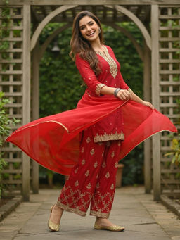 FASHOR - Red Embroidered Mirror Work Kurta with Sharara and Dupatta