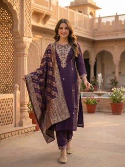 FASHOR - Purple Embroidered Kurta with Pant and Dupatta