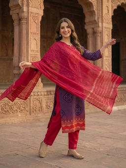 FASHOR - Purple Printed Bandhani Kurta with Pant and Dupatta