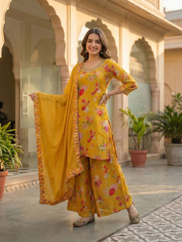 FASHOR - Yellow Floral Printed Kurta with Palazzo and Dupatta