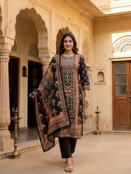 FASHOR - Black Floral Printed Kurta with Pant and Dupatta