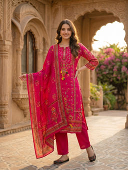 FASHOR - Pink Floral Printed Kurta with Pant and Dupatta