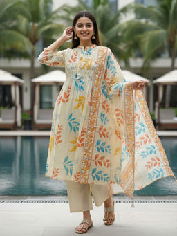 FASHOR - Cream Floral Printed Kurta with Pant and Dupatta