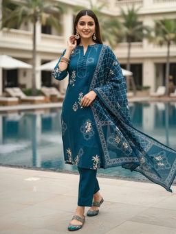FASHOR - Teal Floral Embroidered Kurta with Pant and Dupatta