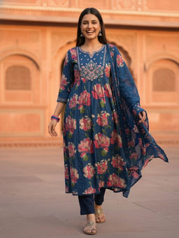 FASHOR - Navy Blue Floral Embroidered Kurta with Pant and Dupatta