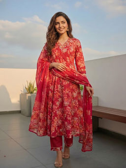 FASHOR - Red Floral Printed Anarkali Kurta with Pant and Dupatta