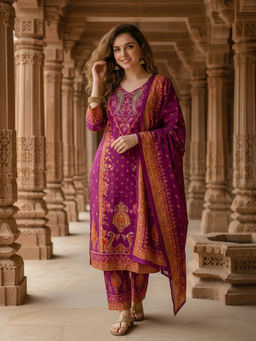 FASHOR - Purple Floral Printed Kurta with Pant and Dupatta