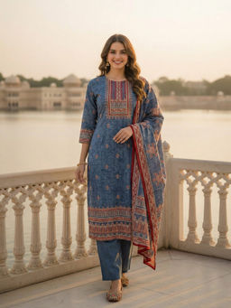 FASHOR - Blue Floral Printed Kurta with Pant and Dupatta