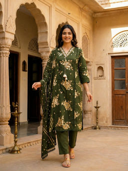 FASHOR - Green Floral Printed Kurta with Pant and Dupatta