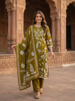 FASHOR - Olive Floral Printed Kurta with Pant and Dupatta