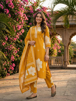 FASHOR - Mustard Floral Printed Kurta with Pant and Dupatta