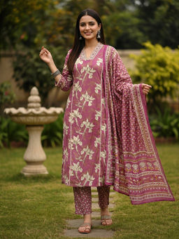 FASHOR - Mauve Floral Printed Kurta with Pant and Dupatta