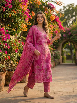 FASHOR - Pink Printed Embroidered Kurta with Pant and Dupatta