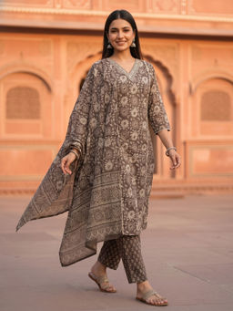 FASHOR - Grey Floral Printed Kurta with Pant and Dupatta