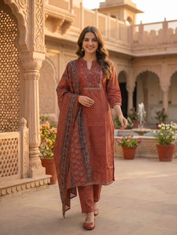 FASHOR - Brown Floral Printed Kurta with Pant and Dupatta