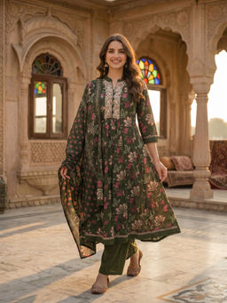 FASHOR - Green Floral Printed Anarkali Kurta with Pant and Dupatta
