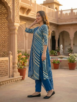 FASHOR - Blue Printed Leheriya Kurta with Pant and Dupatta