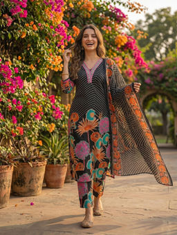 FASHOR - Black Floral Printed Kurta with Pant and Dupatta