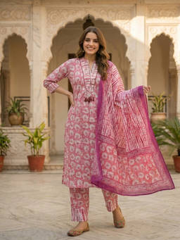 FASHOR - Pink Floral Printed Kurta with Pant and Dupatta