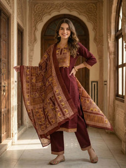 FASHOR - Maroon Printed Tassels Kurta with Pant and Dupatta