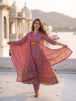 FASHOR - Pink Printed Tassels Anarkali Kurta with Pant and Dupatta