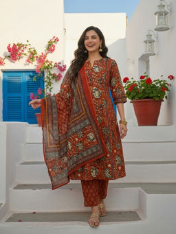 FASHOR - Rust Floral Printed Kurta with Pant and Dupatta