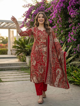 FASHOR - Red Floral Printed Kurta with Pant and Dupatta