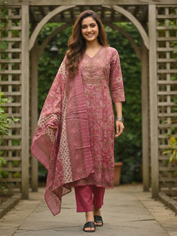 FASHOR - Pink Floral Printed Anarkali Kurta with Palazzo and Dupatta