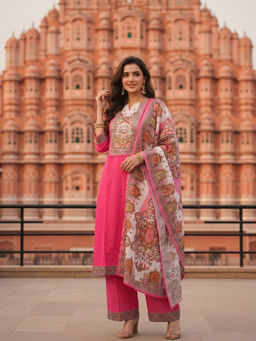 FASHOR - Pink Printed Mirror Work Kurta with Palazzo and Dupatta