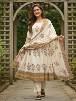 FASHOR - Off White Floral Printed Anarkali Kurta with Pant and Dupatta