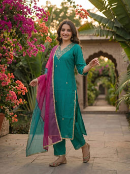 FASHOR - Teal Embroidered Sequined Work Kurta with Pant and Dupatta