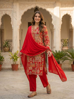 FASHOR - Red Floral Printed Kurta with Pant and Dupatta