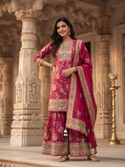 FASHOR - Pink Floral Mirror Work Kurta with Sharara and Dupatta