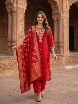 FASHOR - Red Embroidered Sequined Work Kurta with Pant and Dupatta