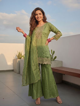 FASHOR - Green Embroidered Zardozi Work Kurti with Sharara and Dupatta