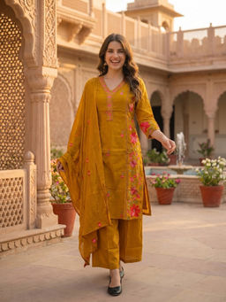 FASHOR - Mustard Floral Embroidered Kurta with Pant and Dupatta