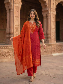 FASHOR - Maroon Printed Bandhani Kurta with Pant and Dupatta