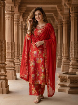 FASHOR - Red Floral Printed Kurta with Palazzo and Dupatta