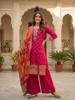 FASHOR - Pink Floral Woven Kurta with Palazzo and Dupatta