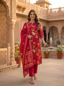 FASHOR - Red Floral Printed Kurta with Pant and Dupatta