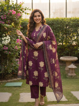 FASHOR - Wine Floral Printed Kurta with Pant and Dupatta
