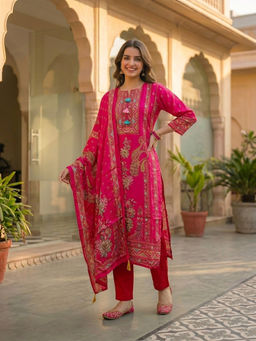 FASHOR - Pink Floral Printed Kurta with Pant and Dupatta