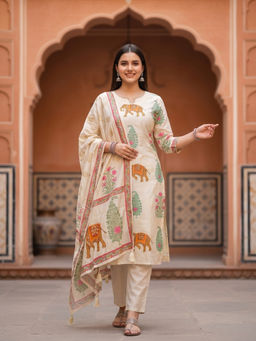 FASHOR - Cream Floral Printed Kurta with Pant and Dupatta